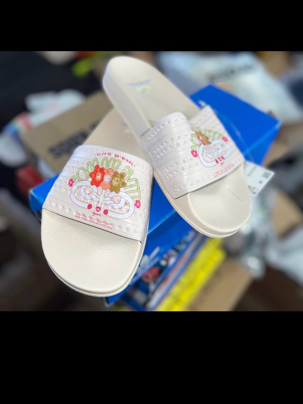Adilette Cream Floral Slide Sandals Size 4